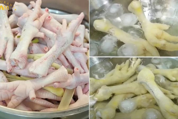 Luộc chân gà và ngâm nước đá