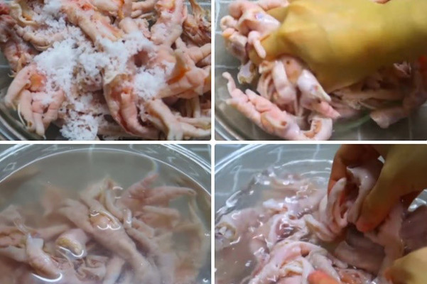 Rửa sạch chân gà cùng muối, chanh